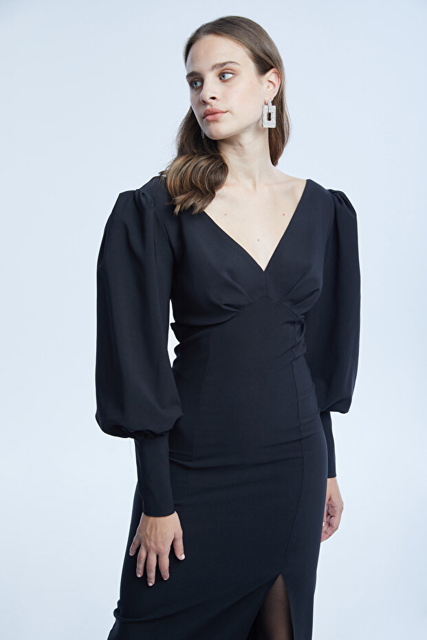 Siyah krep uzun kol uzun elbise - 3