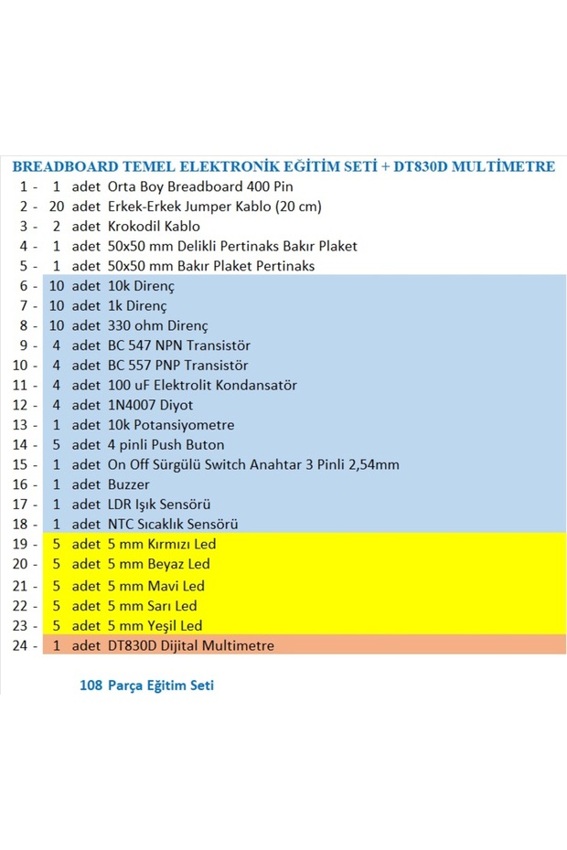 BREADBOARD TEMEL ELEKTRONİK DEVRE EĞİTİM SETİ + DT830D MULTİMETRE - 2