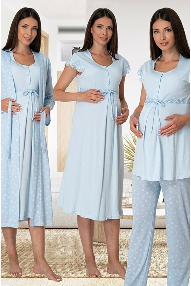 Pregnant Maternity Lace Cotton Dressing Gown Nightgown Pajama Set Set of 4