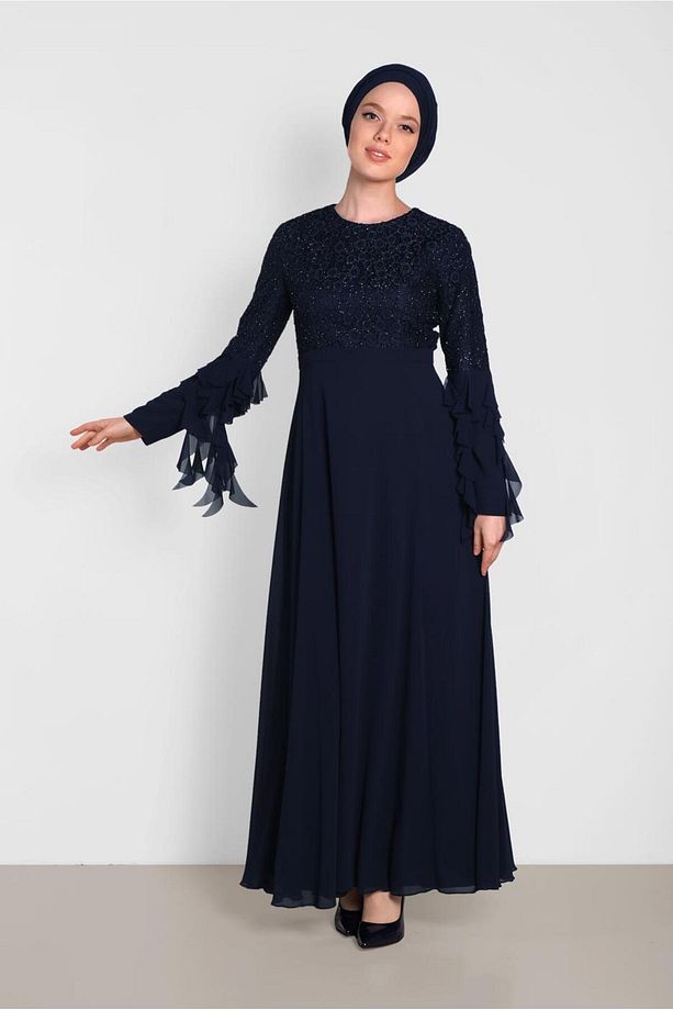 KOLARI ŞİFON DETAYLI  SİMLİ DANTEL ELBİSE 4224 - 2
