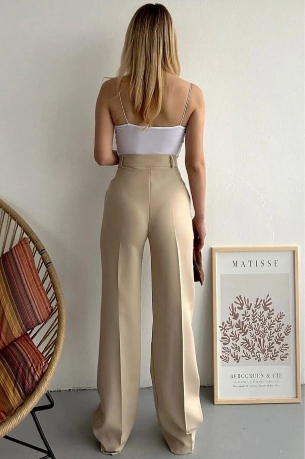 Bej Yüksek Bel Tek Pileli Double Kumaş Palazzo Pantolon 103 Cm - 5