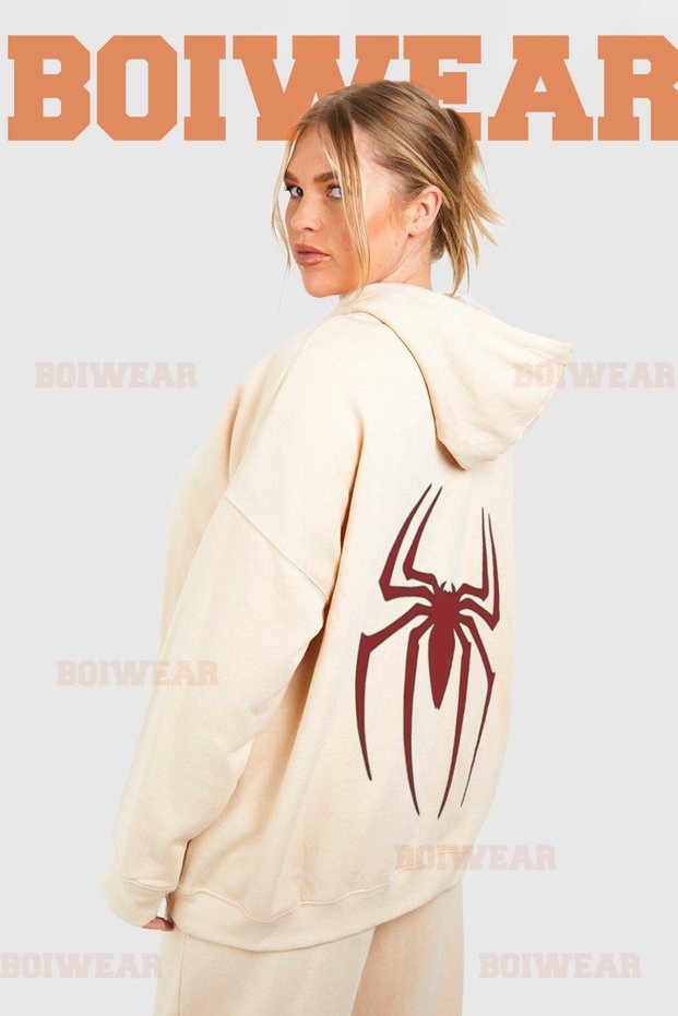 Women's Beige Big Spider Sweatshirt Zippered Cardigan - Beige Printed Oversize Pocketed Loose Fit Hoodie