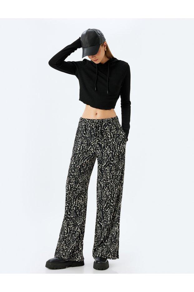 Textured Elastic Waist Patterned High Waist Wide Leg Trousers