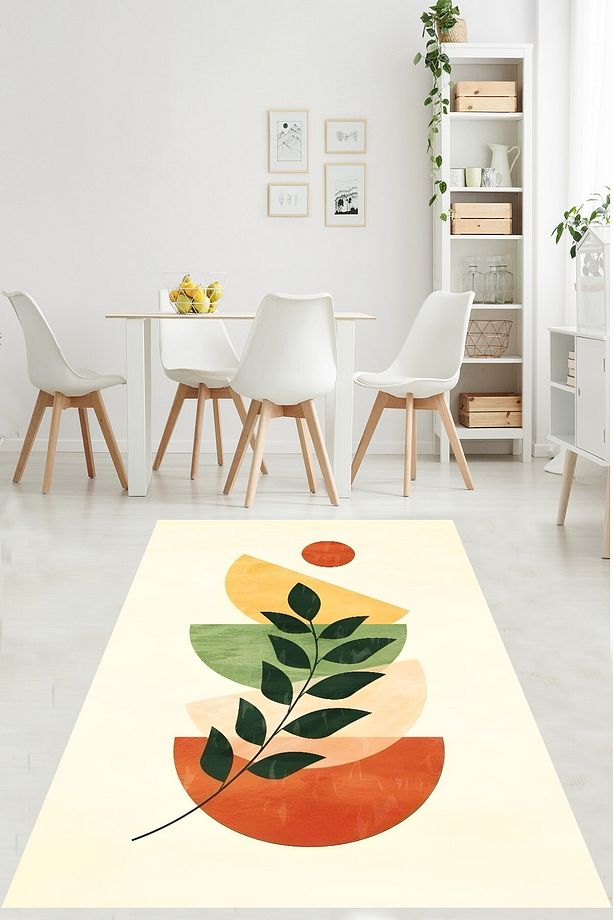 Bohem İskandinav Tarz Yapraklı Geometrik Yıkanabilir Kaymaz Taban Leke Tutmaz Salon Halısı Yoluk - 2