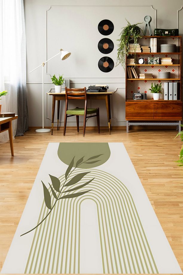 Yeşil Bohem Tarz Yapraklı Şekilli Minimal Yıkanabilir Kaymaz Taban Leke Tutmaz Salon Halısı Yoluk - 1