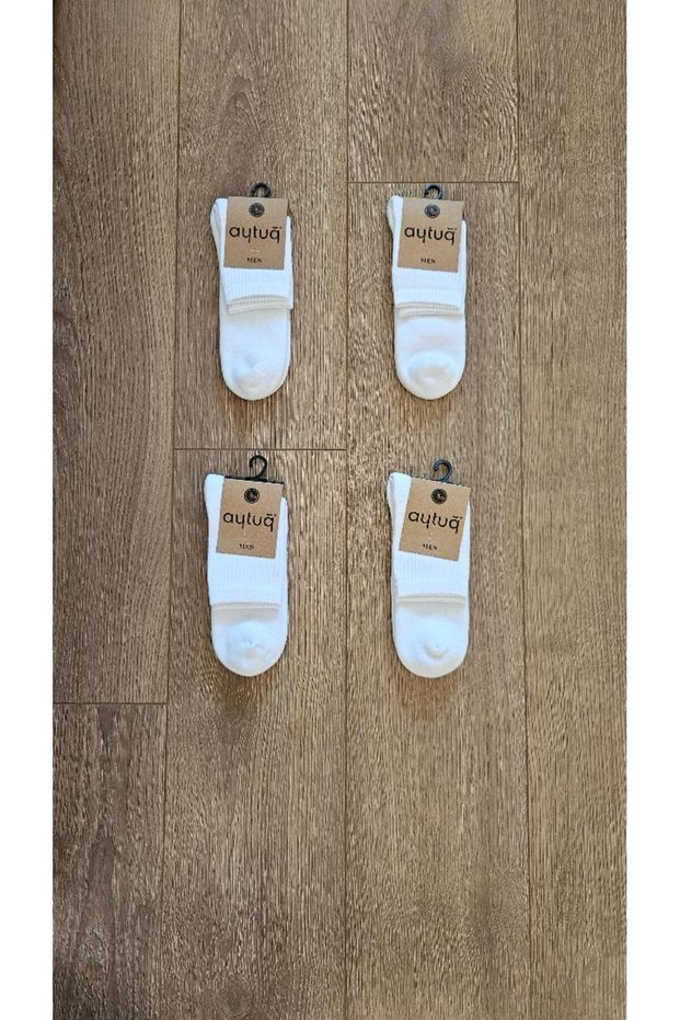 AYTUĞ 4 Pairs Men's Sports Group ( White ) Combed Cotton Towel Short Cuff - 22485