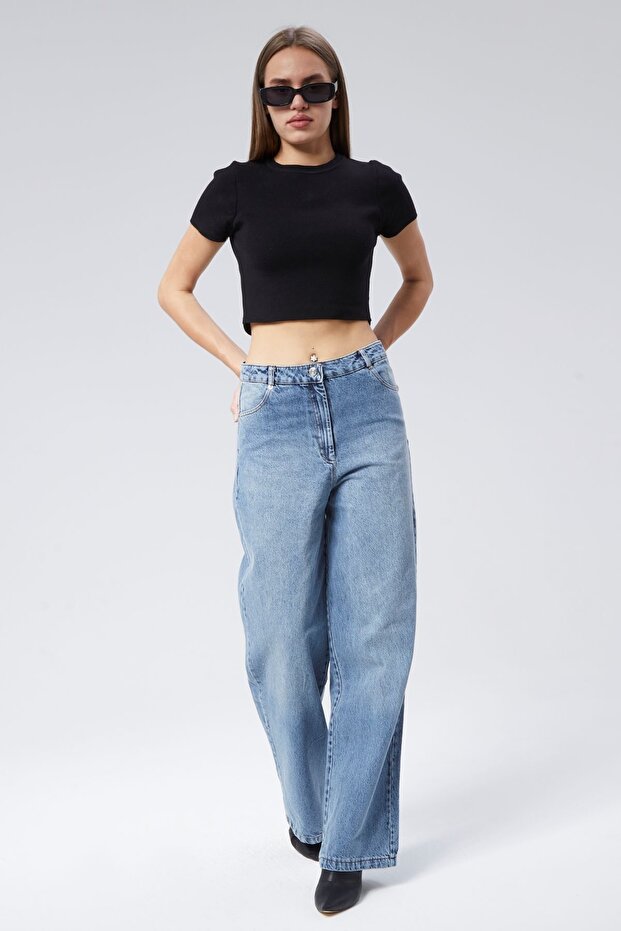 Malibu Kolej Denim Boru Paça Jean Kot Pantolon - Mavi - 3