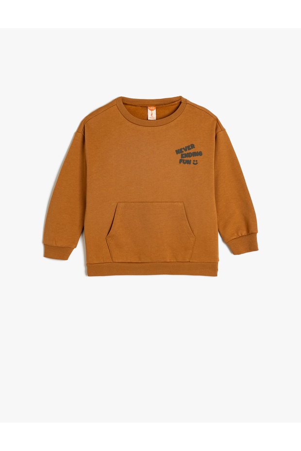 Sweatshirt with Printed Kangaroo Pocket, Long Sleeves, Crew Neck, Ribbed Cotton