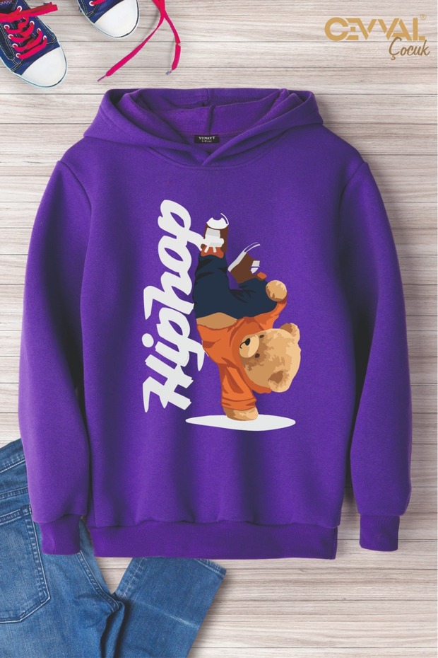 BASKILI KAPÜŞONLU OVERSİZE ÇOCUK SWEATSHİRT - 1