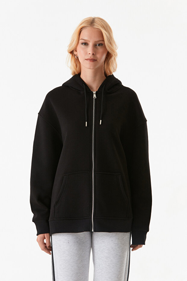 Basic Fermuarlı Kapüşonlu Oversize Sweatshirt - 8