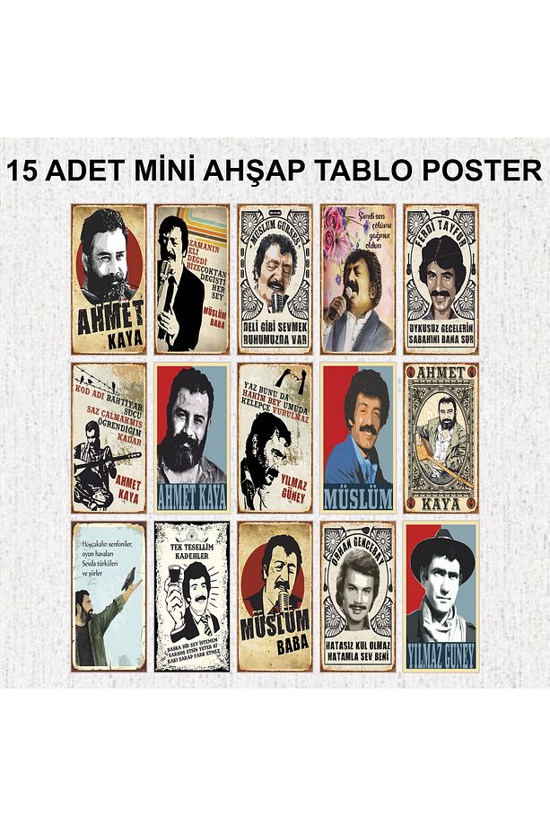 ahmet kaya yılmaz güney müslüm gürses ferdi tayfur orhan gencebay 15 adet ahşap tablo poster seti - 1