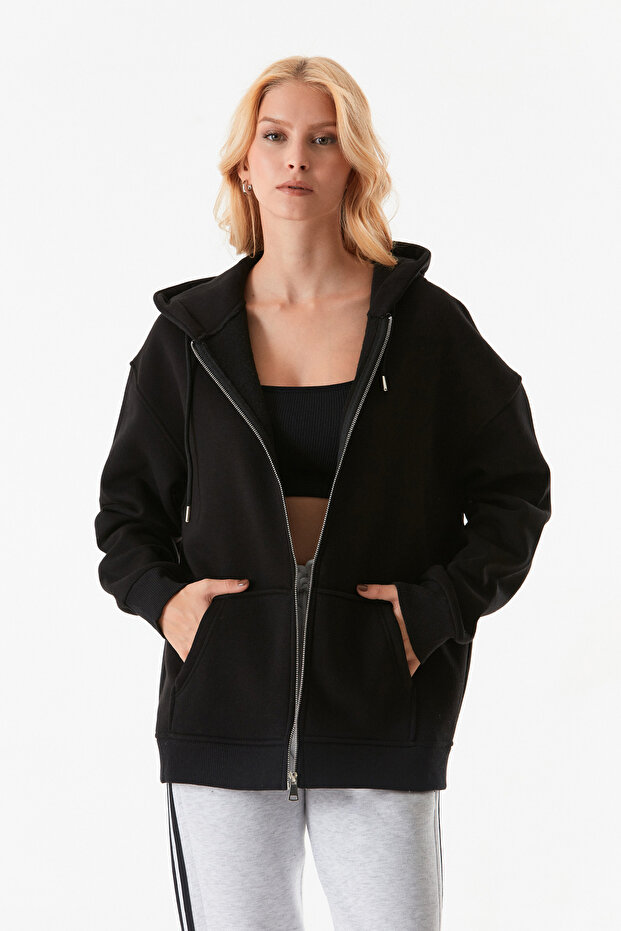 Basic Fermuarlı Kapüşonlu Oversize Sweatshirt - 3