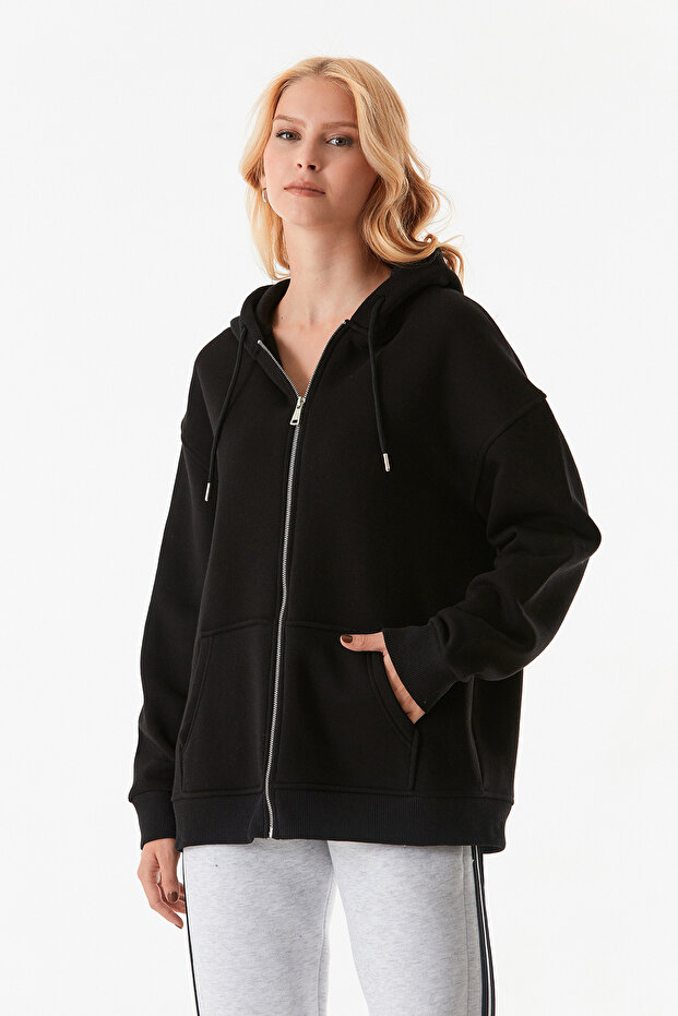 Basic Fermuarlı Kapüşonlu Oversize Sweatshirt - 5