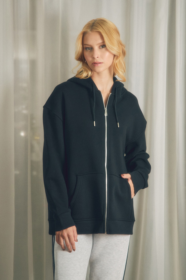 Basic Fermuarlı Kapüşonlu Oversize Sweatshirt - 1