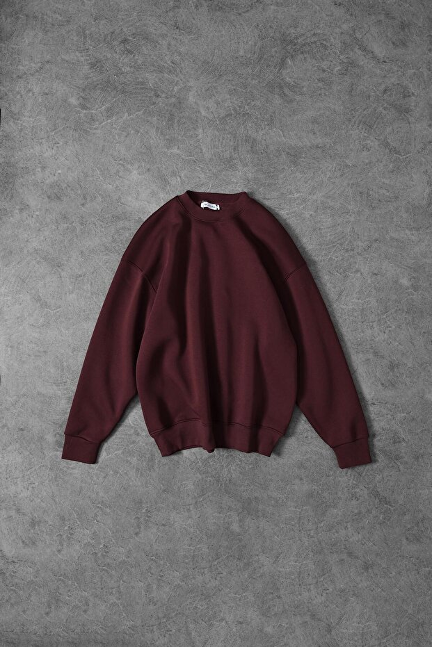 Erkek Bordo Basic Bisiklet Yaka Oversize Sweatshirt - 1