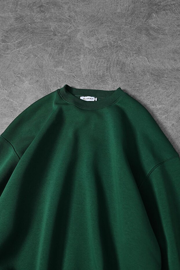 Erkek Yeşil Basic Bisiklet Yaka Oversize Sweatshirt - 2