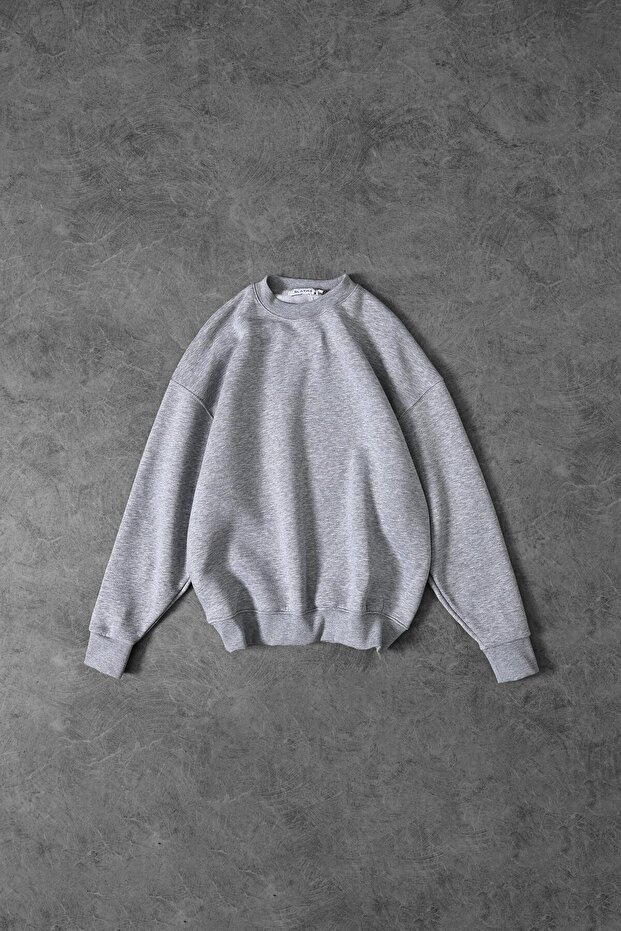 Erkek Gri Basic Bisiklet Yaka Oversize Sweatshirt - 1