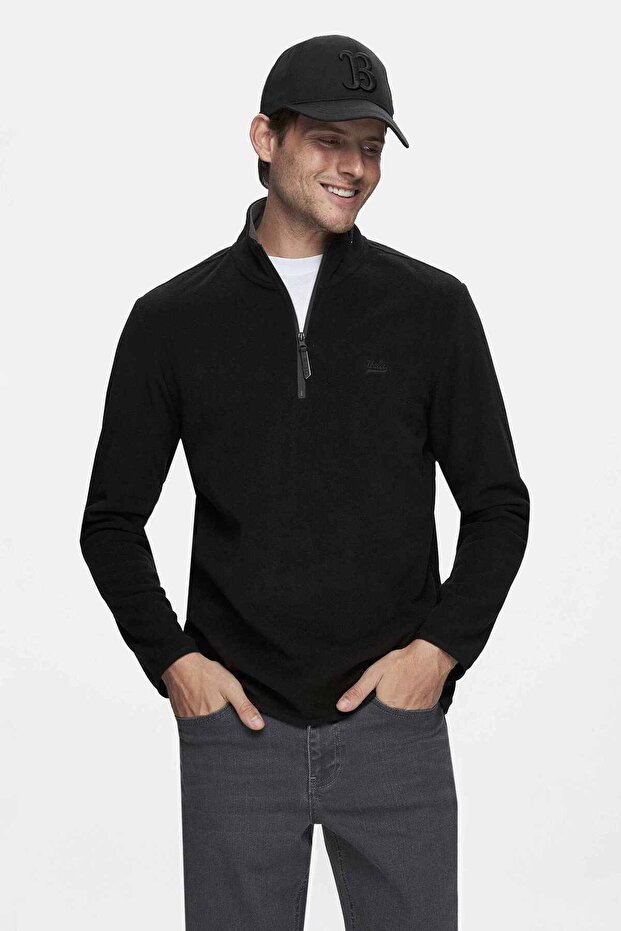 Gremıo Black Fleece Stand Collar Embroidered Standard Fit Men's Sweatshirt