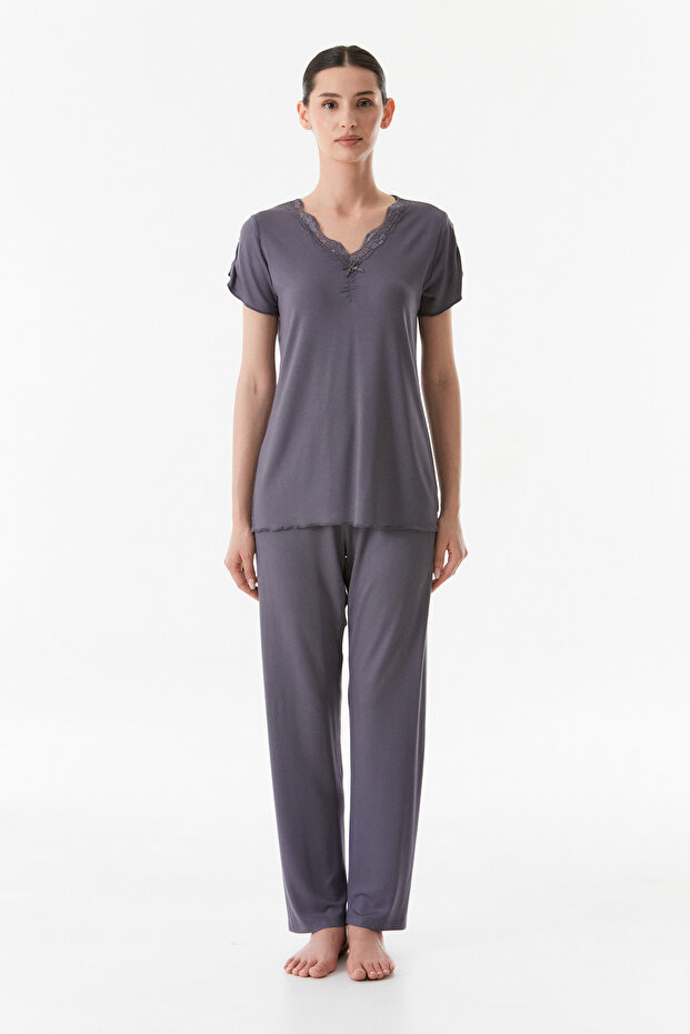 V-Neck Lace Basic Pajama Set - 8