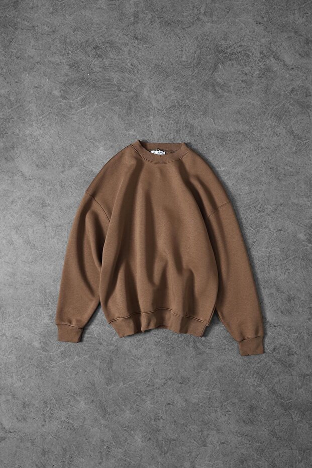 Erkek Kahve Basic Bisiklet Yaka Oversize Sweatshirt - 1