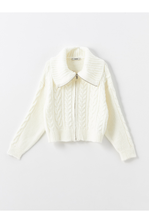 Dik Yaka Kendinden Desenli Uzun Kollu Kadın Triko Hırka - 1