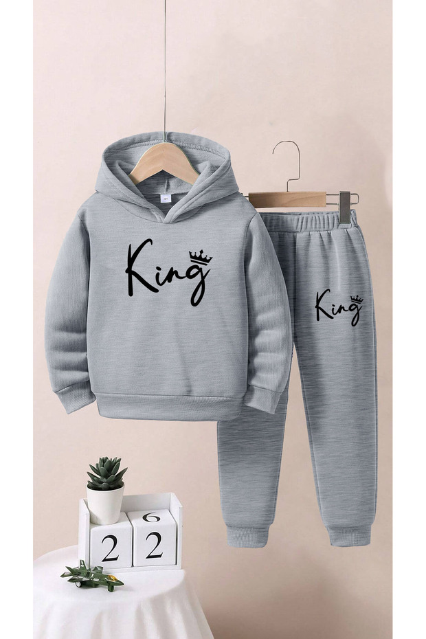 Children's King Yazısı Printed Bottom Top Tracksuit Set Gray