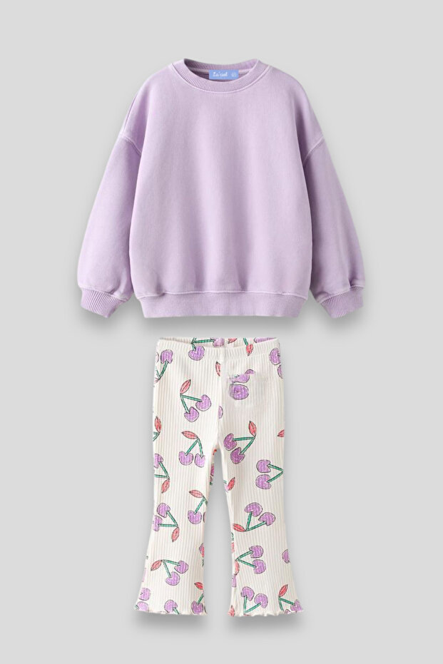 Girl's Purple Cherry Patterned 3 Thread Winter Cotton Hooded Sweatshirt Leggings Top and Bottom Set