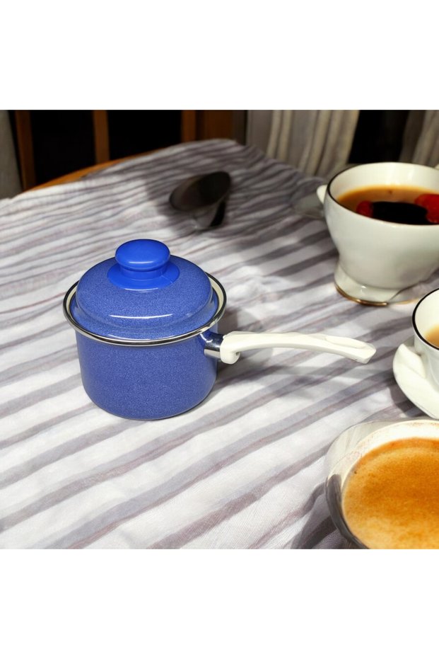 Enamel Egg Boiling Pan, Sauce Pan, Baby Food Pan, 12 cm, 800ml, with Blue Lid