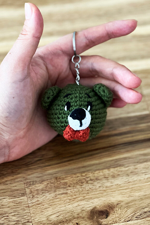 Khaki Teddy Bear Keychain Amigurumi Handmade Knitted Accessory Organic Toy Bag Ornament (1 Pc)