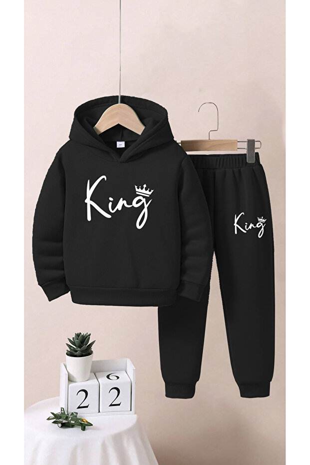 Children's King Text Printed Bottom Top Tracksuit Set Black