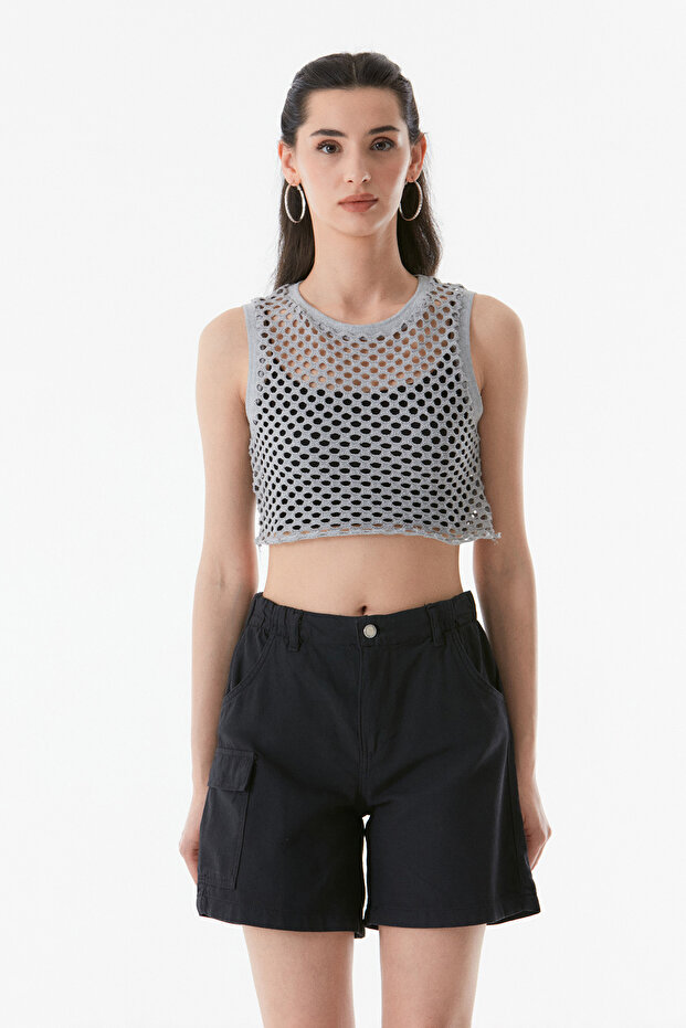 Openwork Crew Neck Crop Blouse - 6