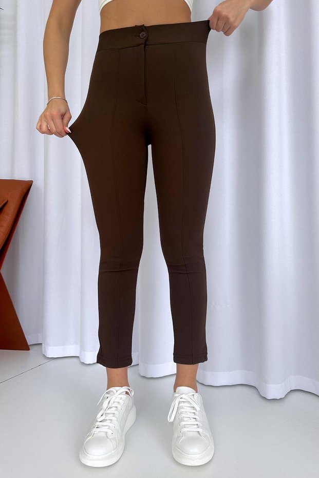 Skinny Leg Full Lycra High Waist Women's Trousers - Brown