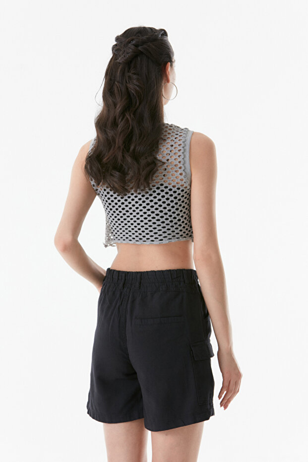 Openwork Crew Neck Crop Blouse - 3