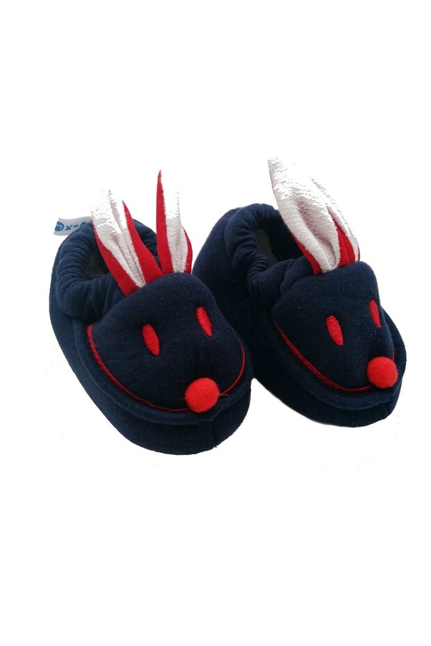 Navy Red Rabbit Eared Combed Cotton Non-Slip Sole Booties