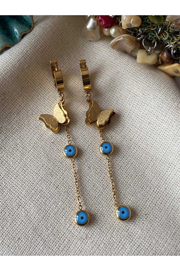 Dangle Butterfly Figured Evil Eye Steel Earrings
