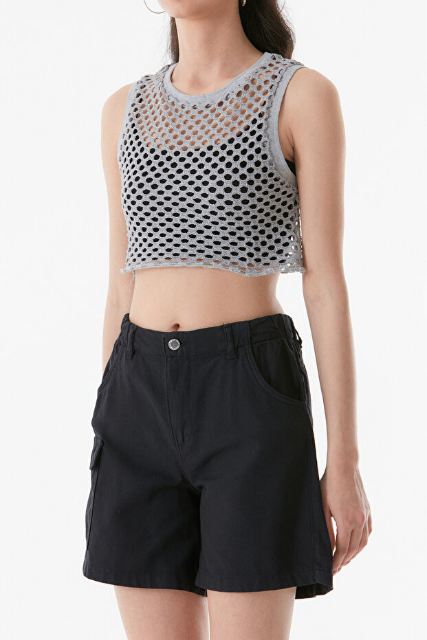 Openwork Crew Neck Crop Blouse - 5