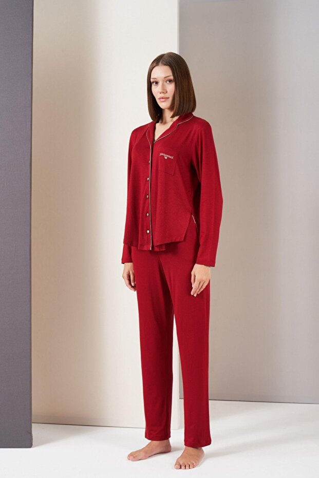 Women's Buttoned Piping Pocket Long Sleeve Pajama Set