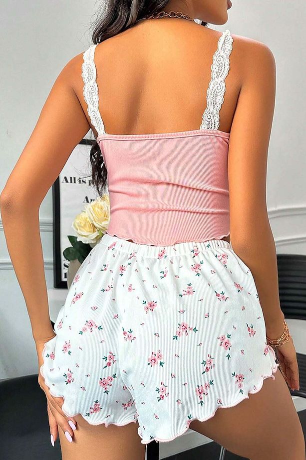 Çiçek Desenli Dantel Askılı Şortlu Pijama Takımı - 2