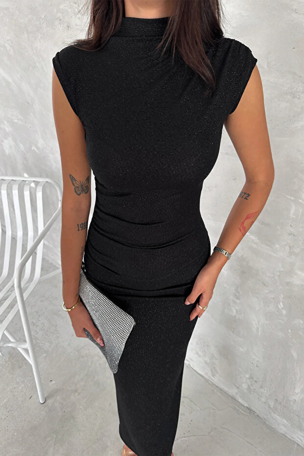 Drapeli Midi Boy Sim Detaylı Elbise - 2