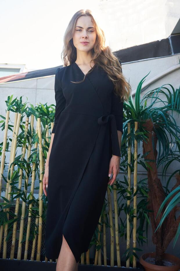 Women's Lycra Crepe Fabric Double Breasted Capri Three Quarter Sleeve Below the Knee Dress-Black