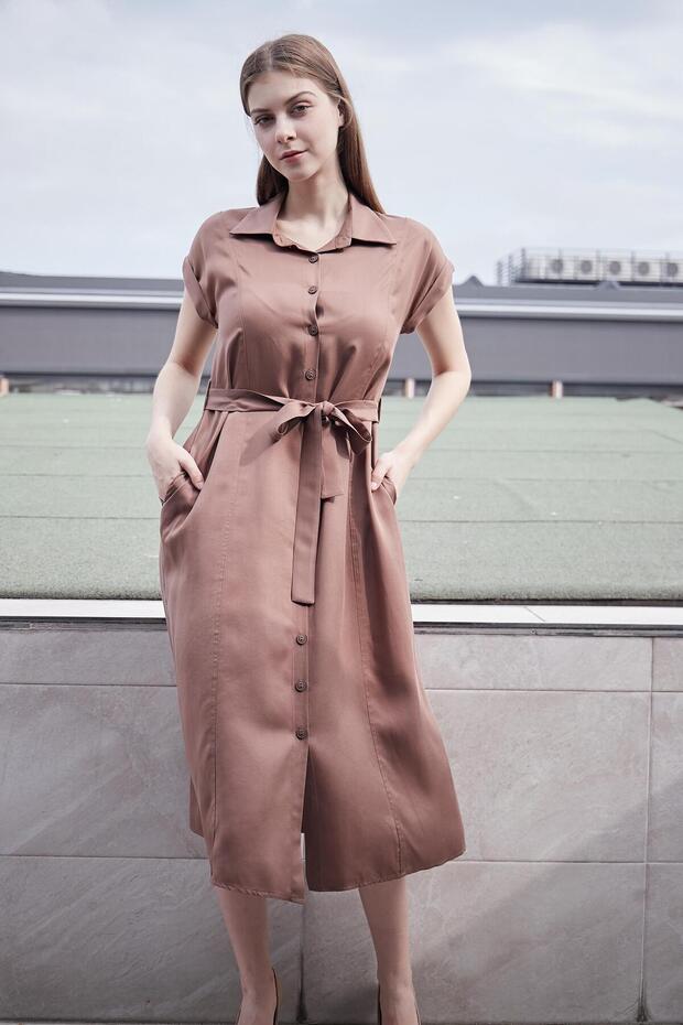 100% Iyocell Flowy Stylish Fabric Collared Off-Shoulder Double Sleeves Lace-Up Midi Length Below the Knee Dress-Kaka