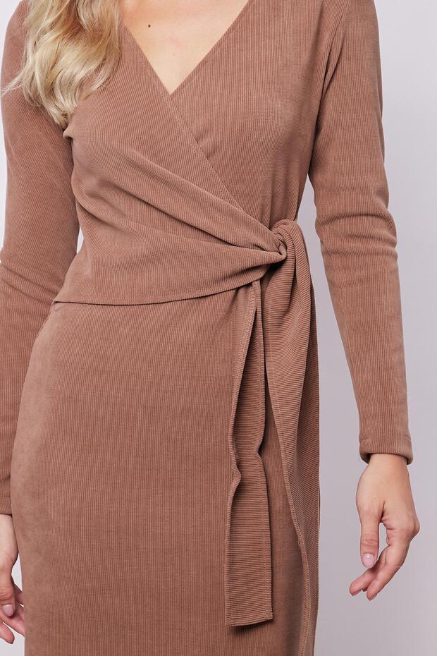 Kadın Hafif Likralı Triko kruvaze Anvelop Bağcıklı Uzun Kol Diz Altı Uzun Elbise-Camel - 6