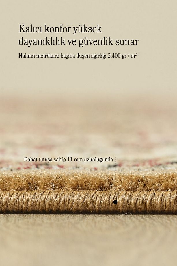 İran Tarzı Barok Süslemeli Bej Toz Vermez Oturma Odası ve Salon Halısı Sık Dokuma - 5