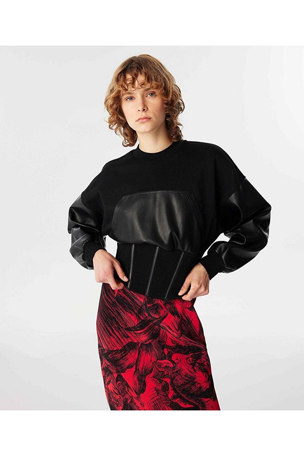 SUNİ DERİ MIX SWEATSHIRT - 1
