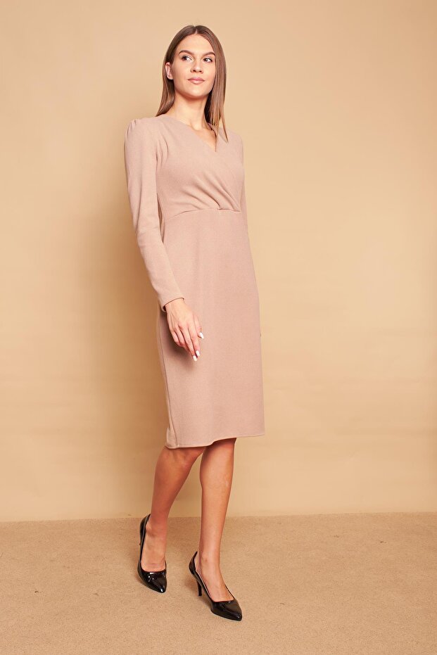 Kruvaze Anvelop Uzun Kol Hafif Likralı Triko Elbise-Koyu Bej - 2