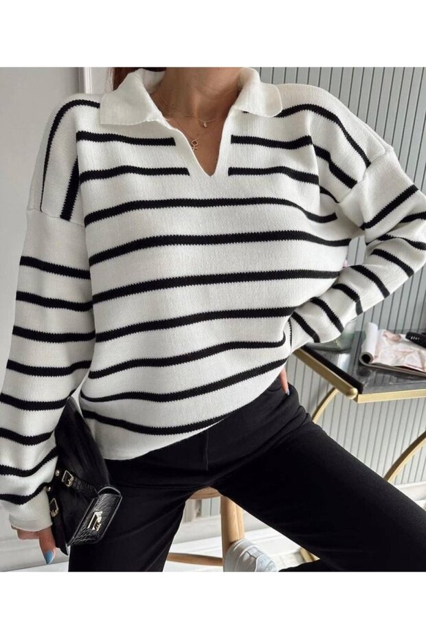 Women's Striped Polo Collar Knit Sweater
