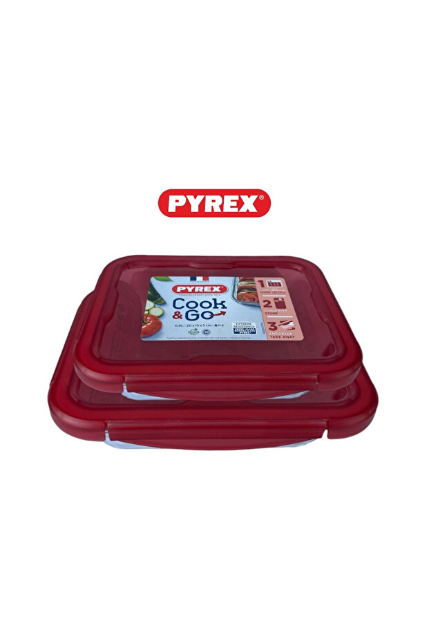 Cook&Go Storage Dish Set - 0.8L & 1.9L Rectangular Glass Containers with Airtight Red Lids - 1