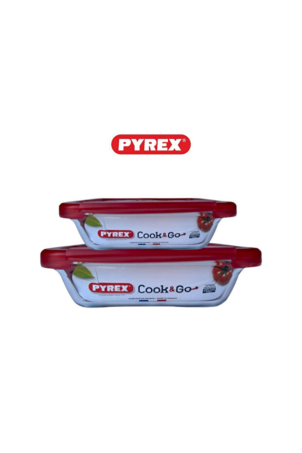 Cook&Go Storage Dish Set - 0.8L & 1.9L Rectangular Glass Containers with Airtight Red Lids - 2