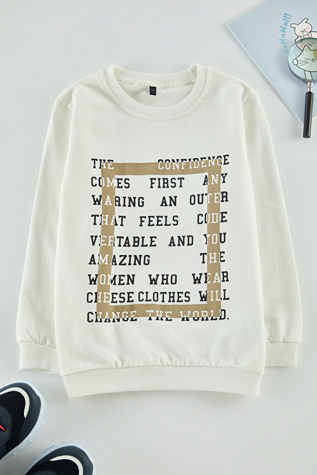 Ecru Boy Slogan Cotton Knitted Sweatshirt Tkdaw25Sw00026