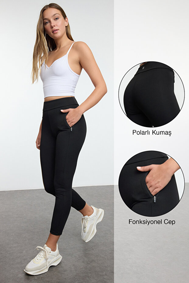 Siyah Fırçalı Soft Kumaş İçi Polarlı Kışlık Örme Tam Boy Spor Tayt THMAW25TY00002 - 2
